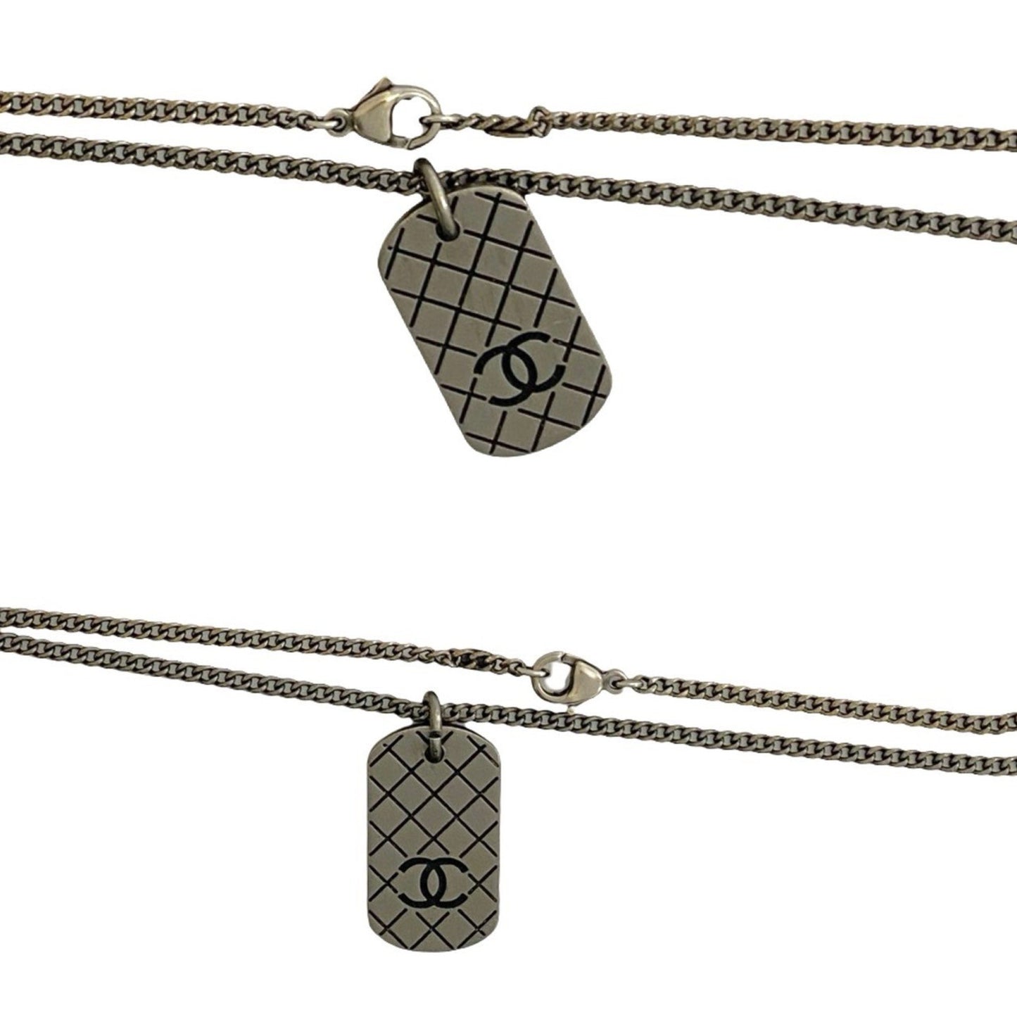 Chanel Coco Mark Plate Motif Metal Chain Necklace Pendant In Dark Silver