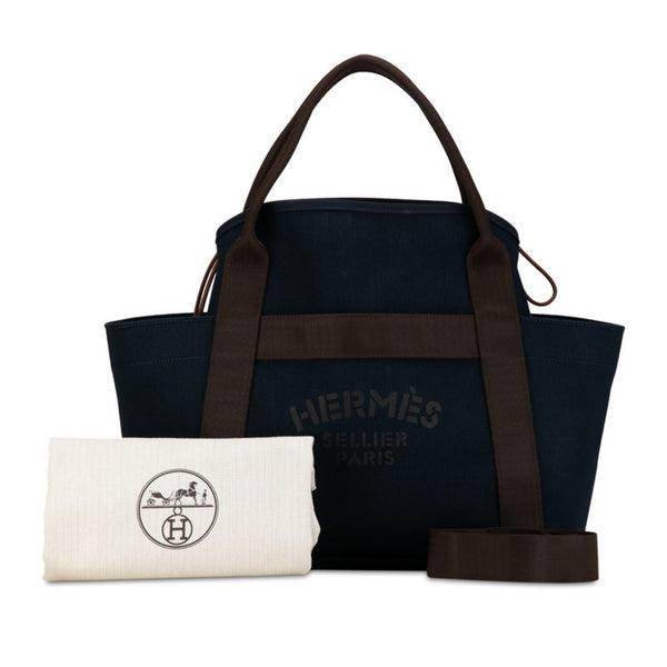 Hermes Sac De Pansage Groom Tote Bag Shoulder Navy Brown Canvas
