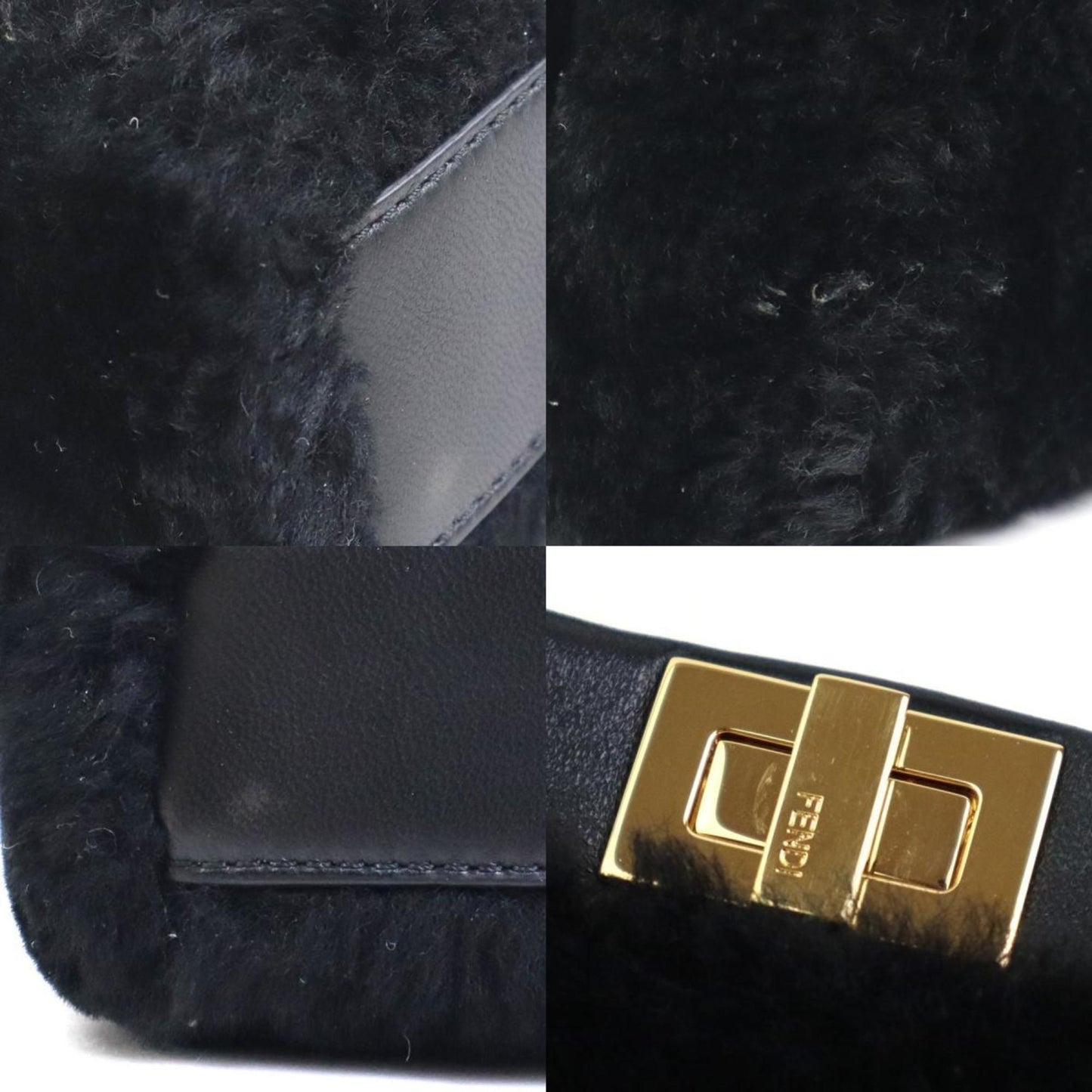 Fendi Shoulder Bag Handbag Micro Peekaboo Fur Leather Black Gold