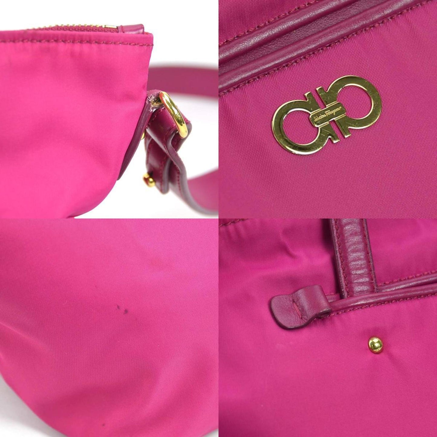 Salvatore Ferragamo Handbag Shoulder Bag Gancini Nylon Leather Magenta Gold