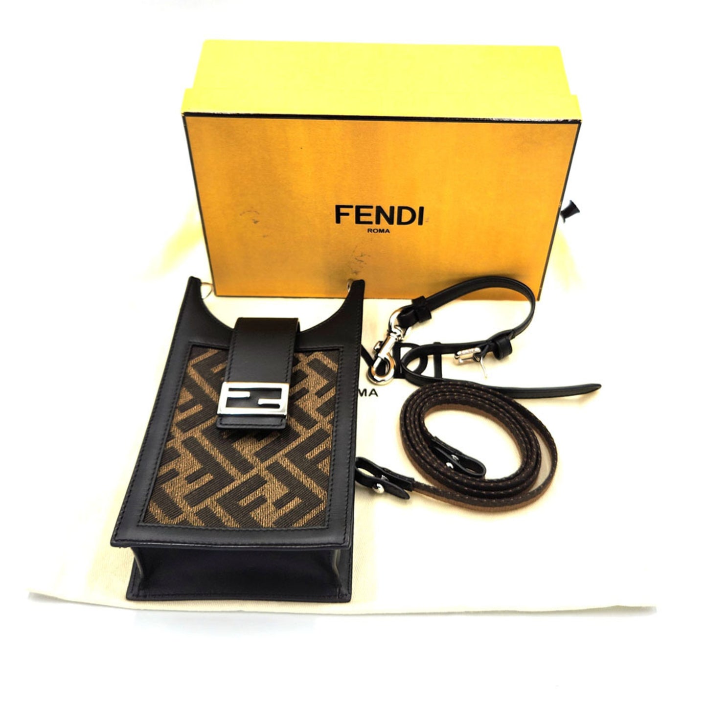 Fendi Phone Case Zucca 7Ar944 Black Brown Leather Canvas