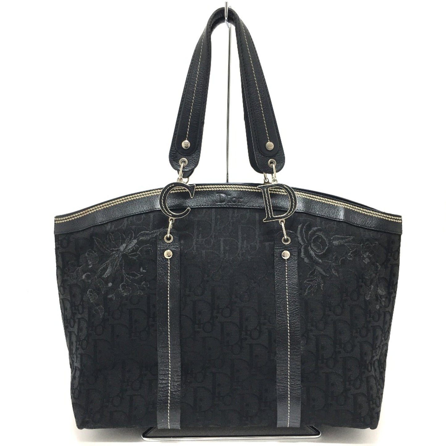 Christian Christian Dior Flower Embroidery Bag Shawl Tote Bag Black