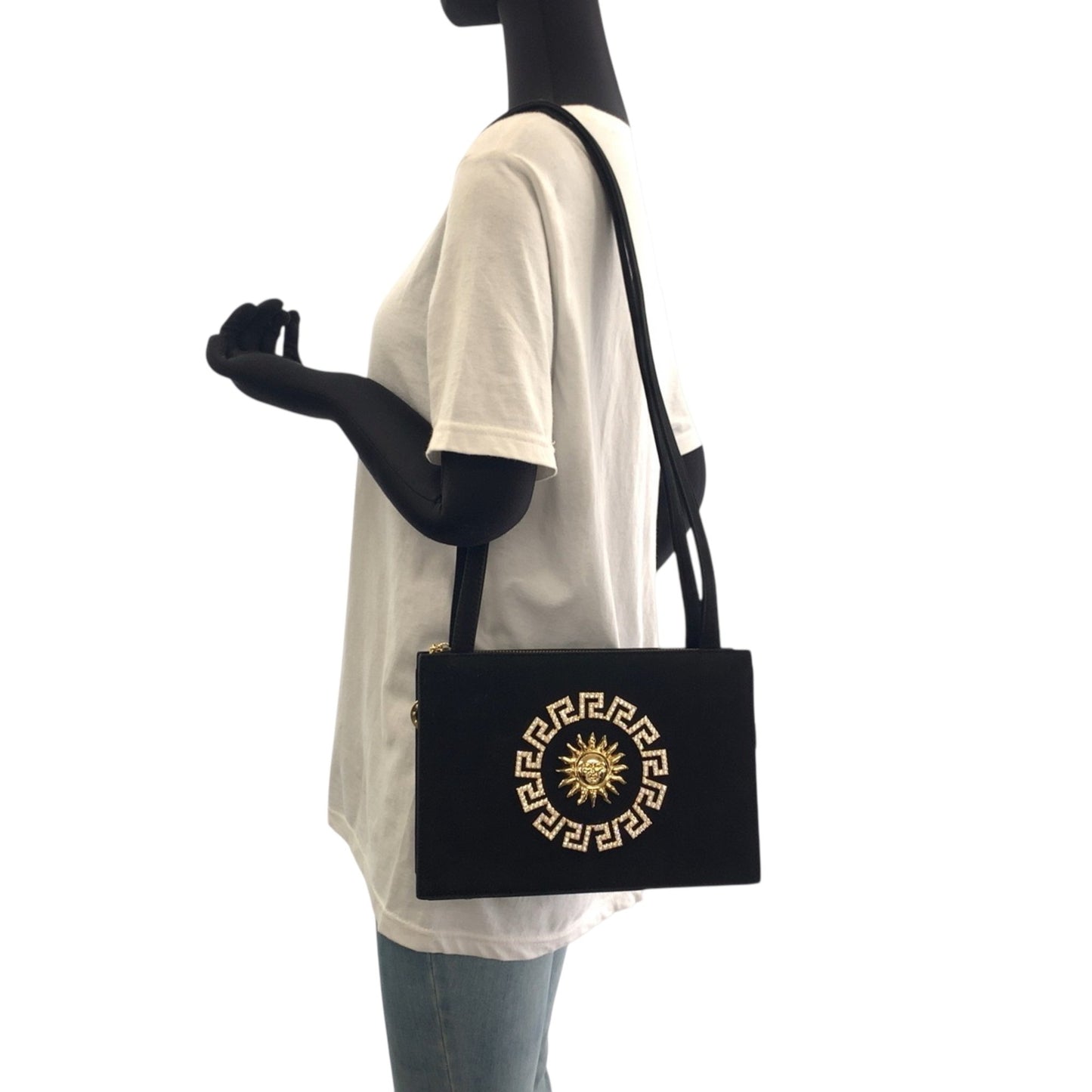 Gianni Versace Vintage Sunburst Black Suede Shoulder Bag With Gold Hardware