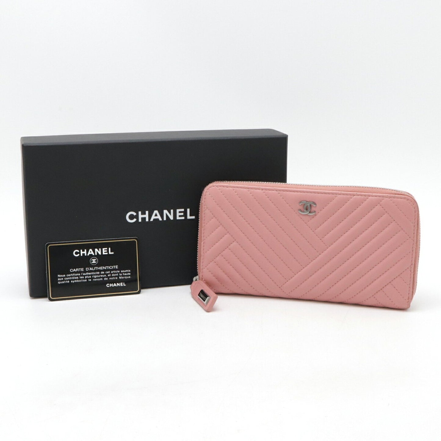 Chanel V-Stitched Coco Mark Round Long Wallet Quilted Lambskin Leather Pink A82258