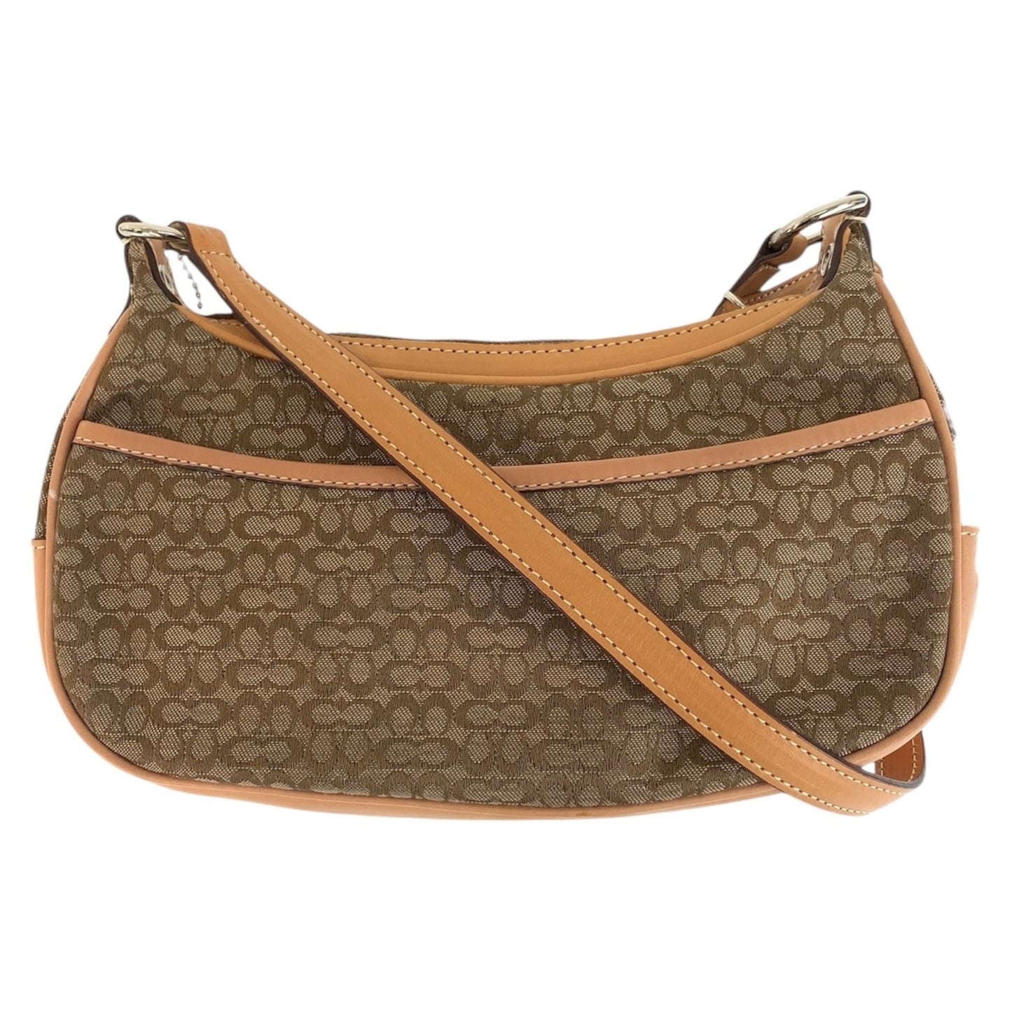 Coach Mini Signature Beige Silver Hardware Canvas Leather Shoulder Bag Pochette