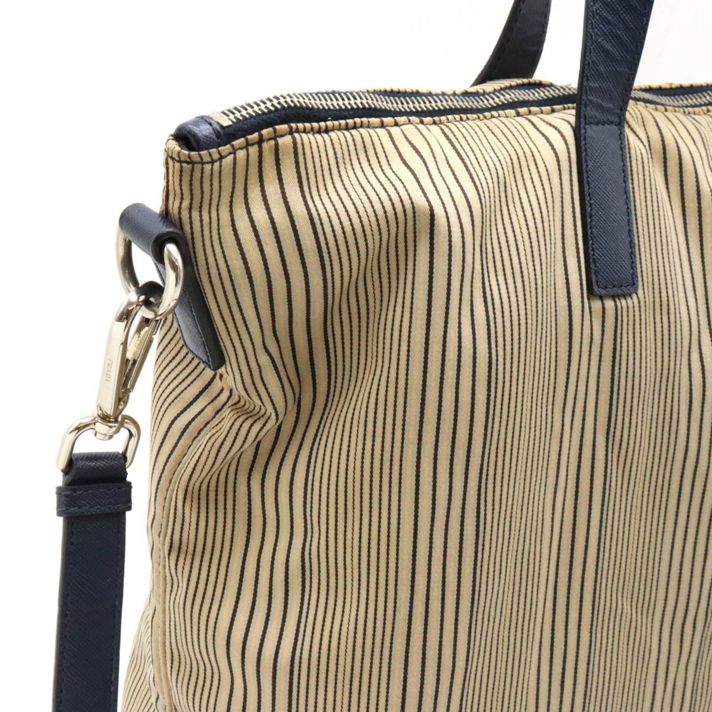 Prada Prada Tote Bag Handbag Shoulder Stripe Canvas Leather Beige Purchased At A Domestic Outlet