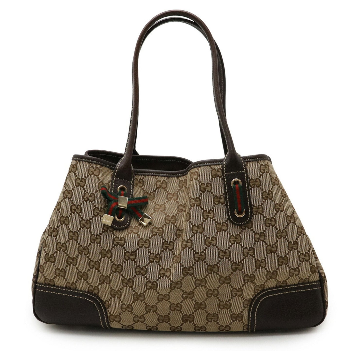 Gucci Gg Canvas Princess Line Ribbon Tote Bag Shoulder Leather Khaki Beige Dark Brown 163805