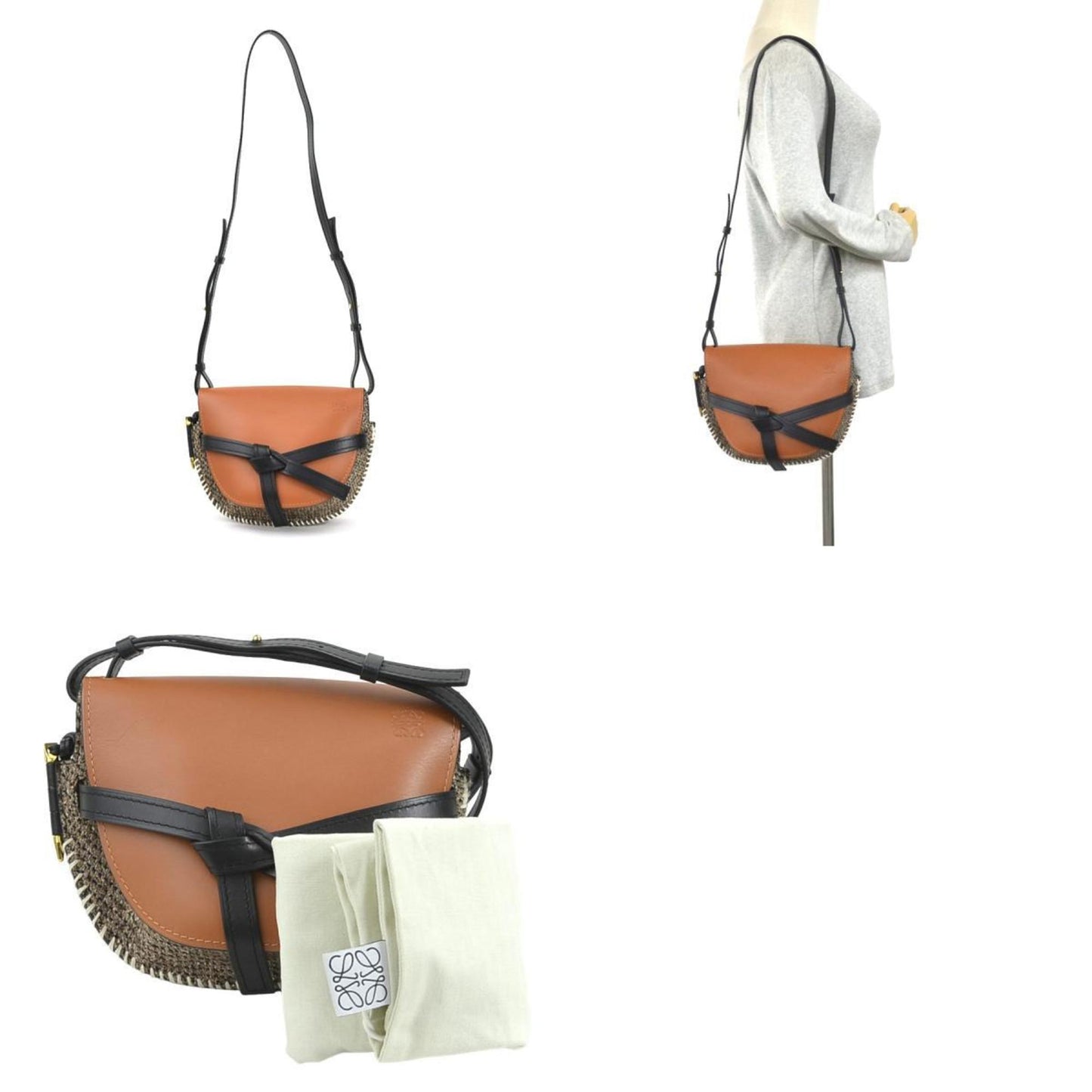 Loewe Shoulder Bag Gate Small Leather Tweed Brown X Black