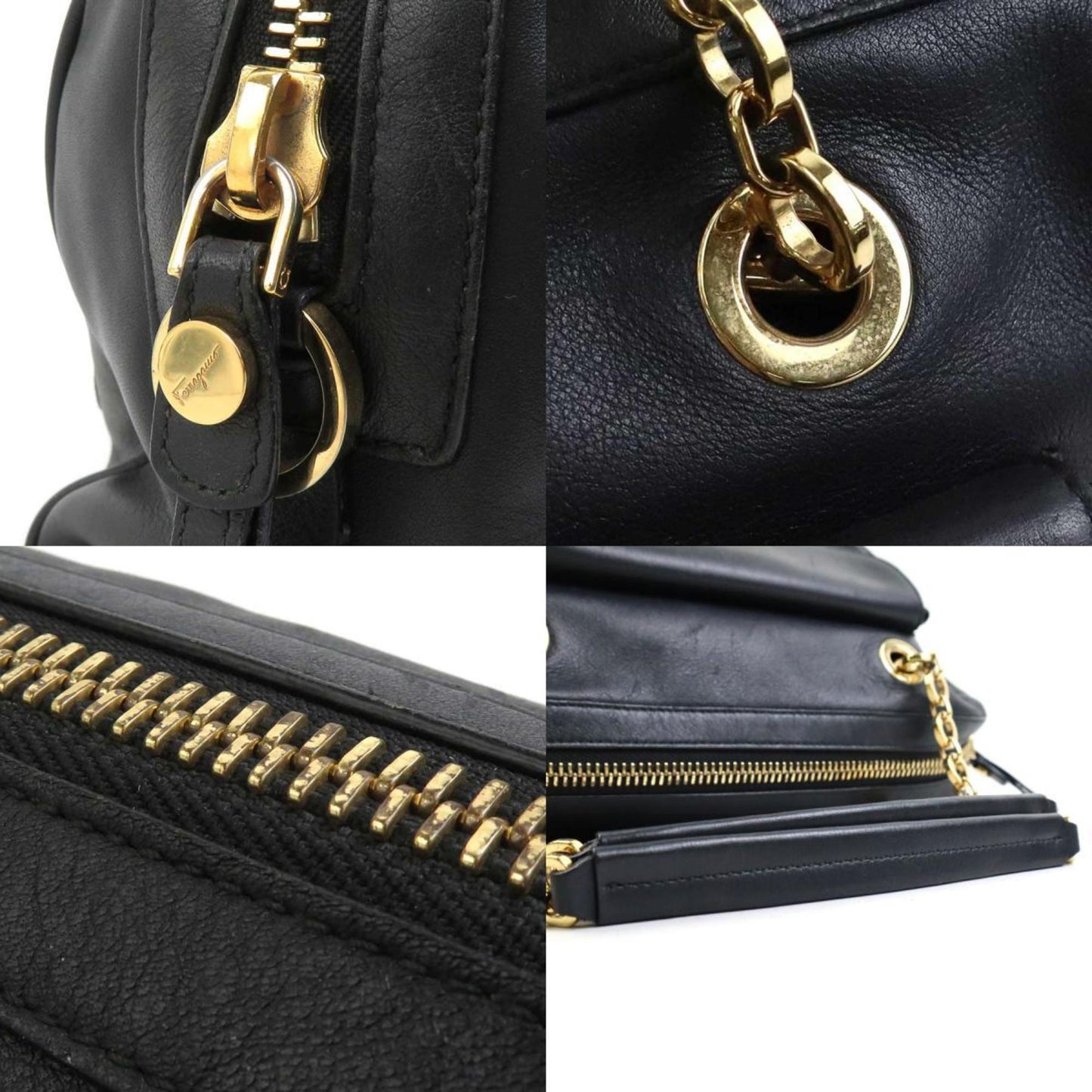 Salvatore Ferragamo Handbag Gancini Leather Black Gold