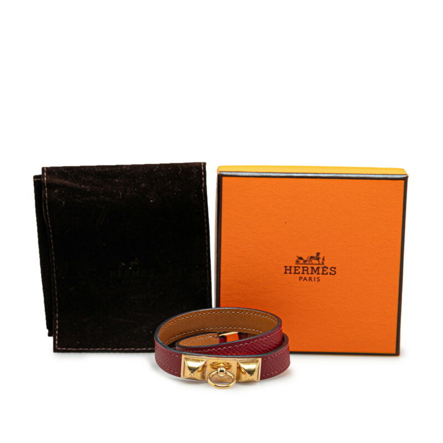 Hermes Rival Collier De Chien Double Tour 2-Row Bracelet Wine Red Gold Epsom Leather