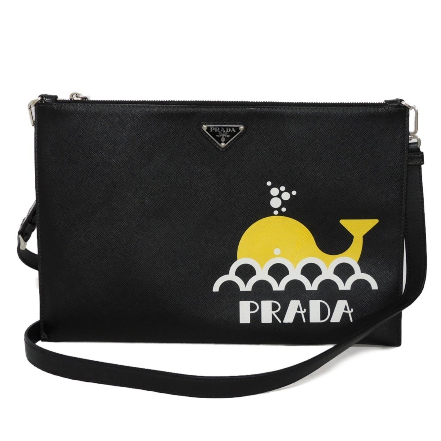 Prada Shoulder Bag Whale Print Clutch Saffiano Triangle Black 2Vh073 2Bov F0C5Z