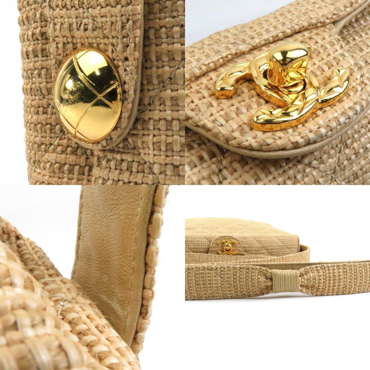 Chanel Shoulder Bag Raffia Beige Gold