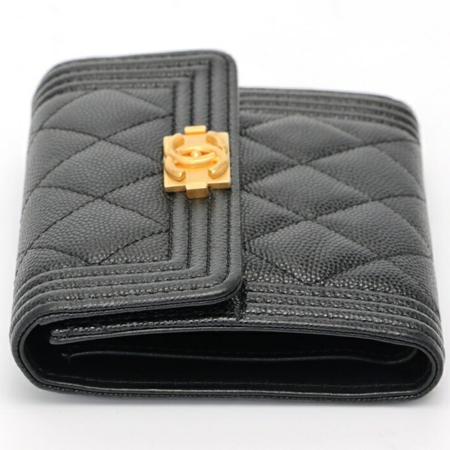 Chanel Boy Chanel Tri-Fold Wallet Compact A80743 Caviar Skin Black S-157722