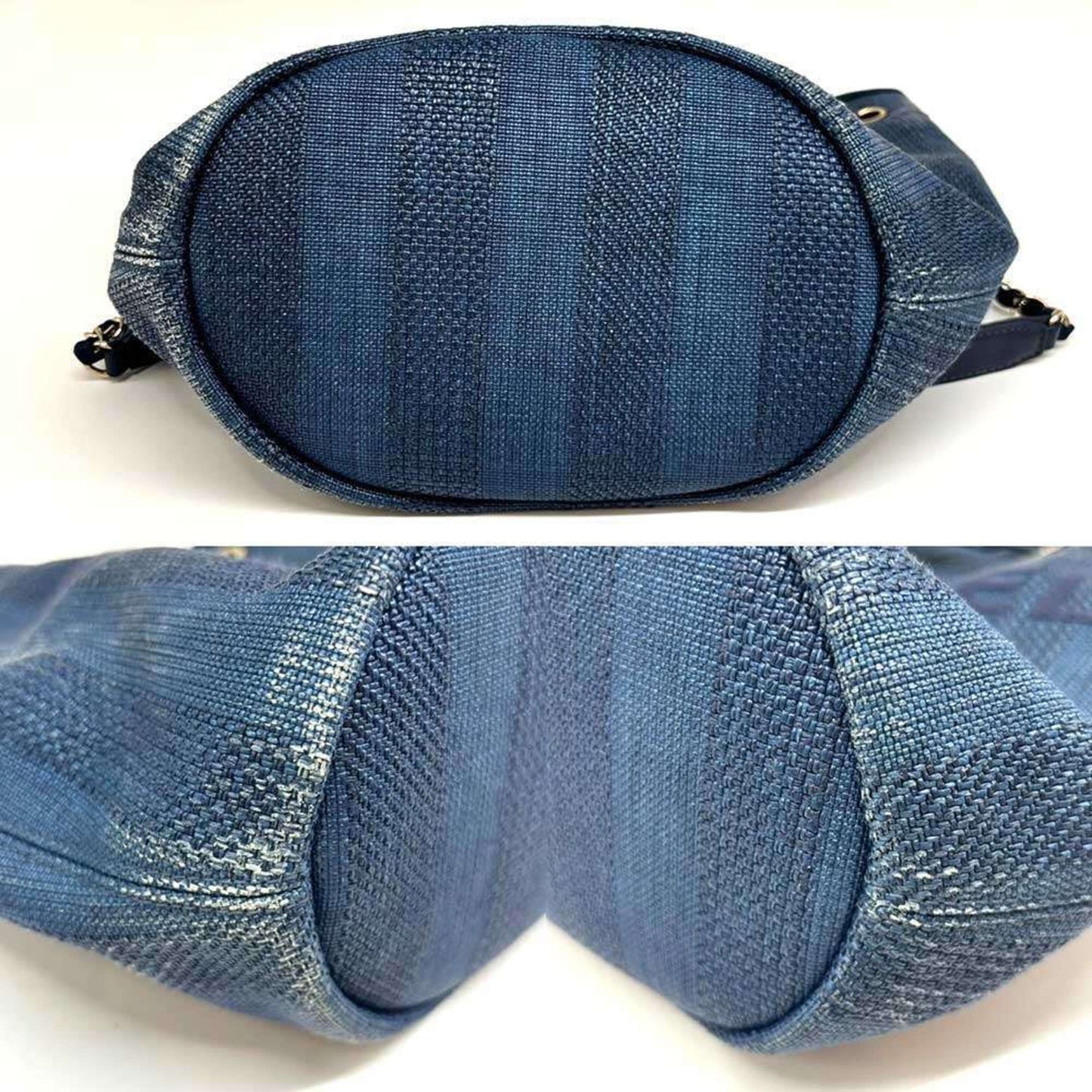 Chanel Deauville Shoulder Bag A57536 Raffia X Leather Drawstring Indigo Blue