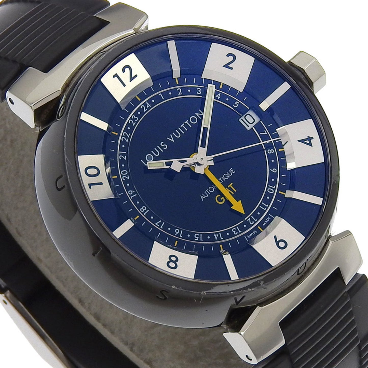 Louis Vuitton Tambour Gmt Watch Q113K Stainless Steel X Rubber Automatic Black Dial