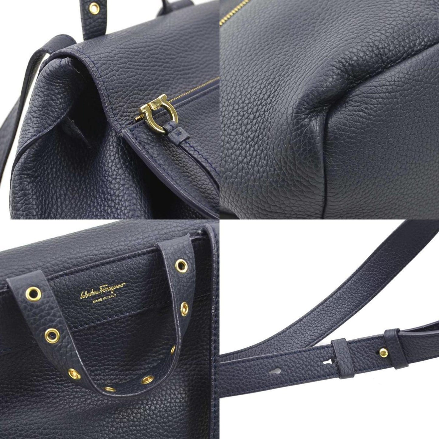Salvatore Ferragamo Backpack Gancini Leather Navy Gold