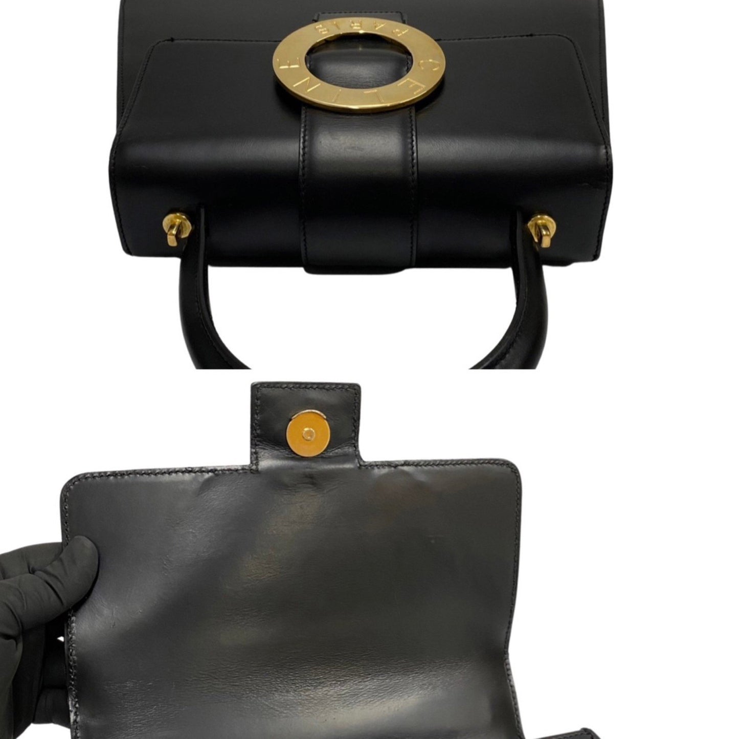 Celine Circle Logo Metal Fittings Calf Leather Genuine 2Way Shoulder Bag Handbag Black