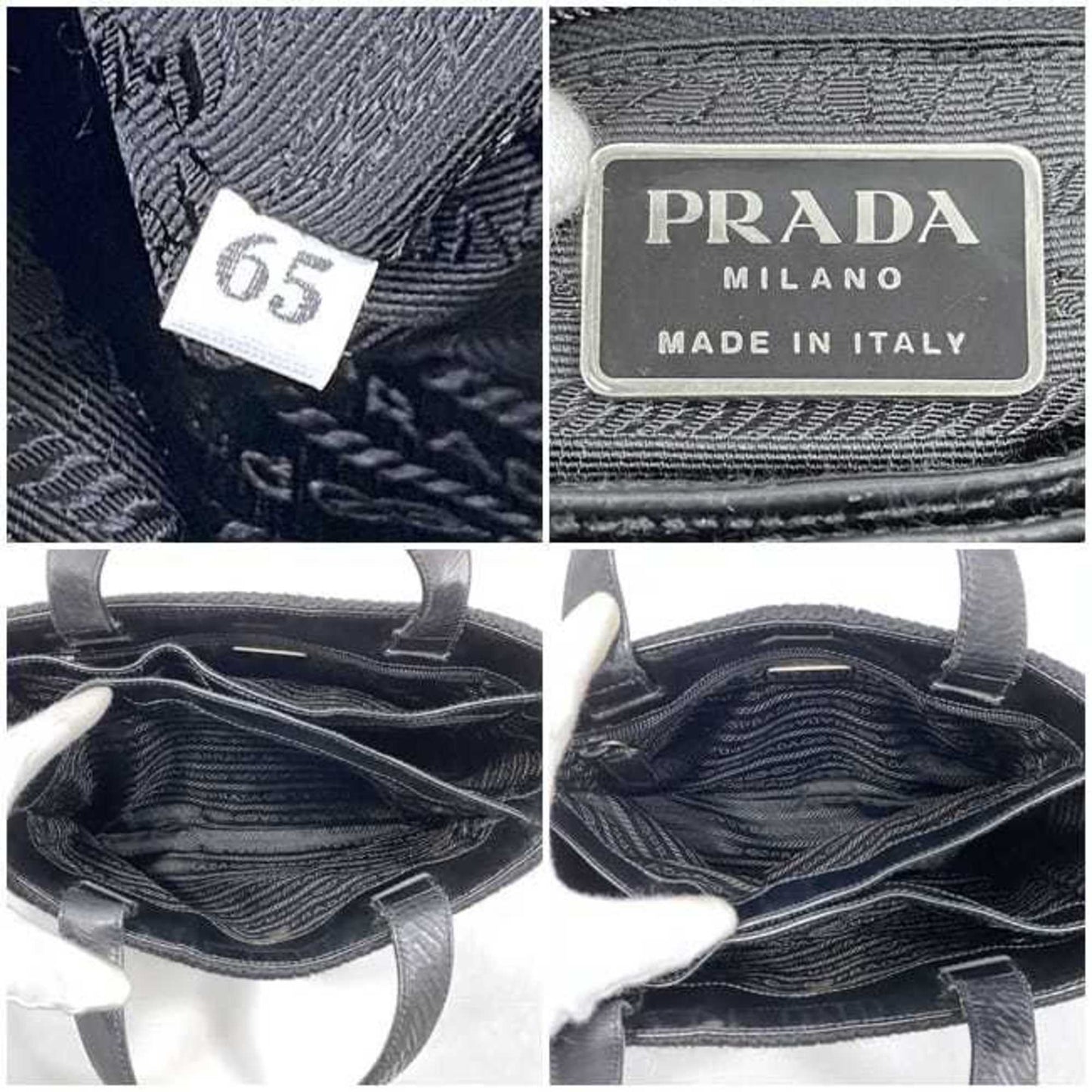 Prada Handbag Ec-22660 Black Nero Maglia Vitell B8387 Wool Leather 65 Prada Triangle Plate