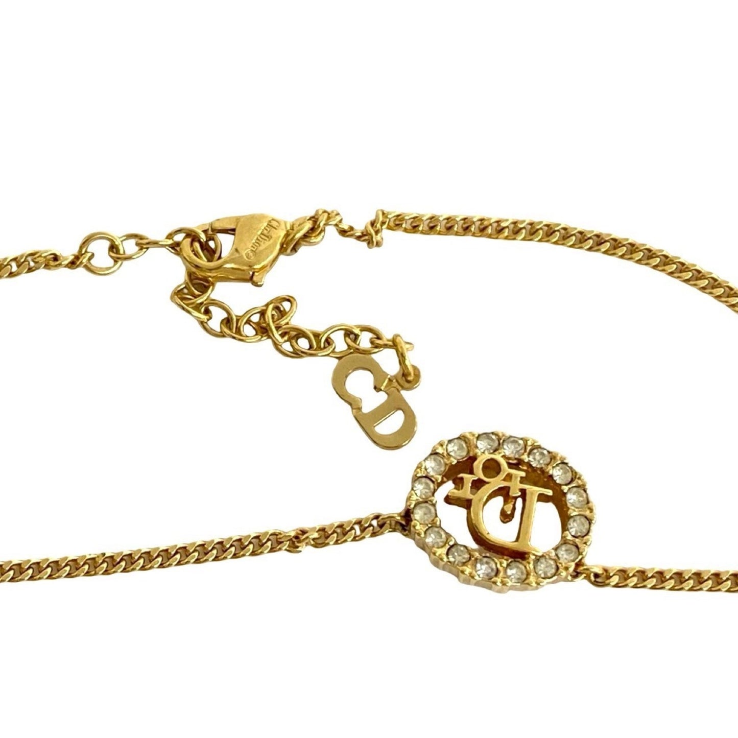 Christian Dior Logo Motif Rhinestone Necklace Pendant Accessory Gold 08878