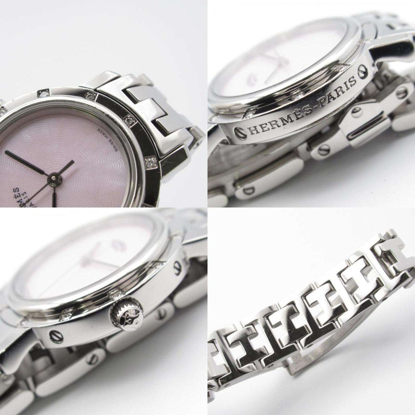 Hermes Clipper Nacle Diamond Bezel Watch Stainless Steel