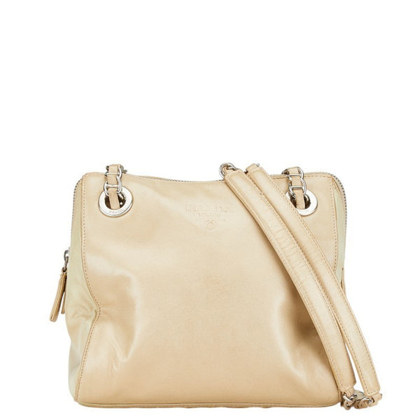 Prada Chain Shoulder Bag B4590 Beige Lino Leather Nylon
