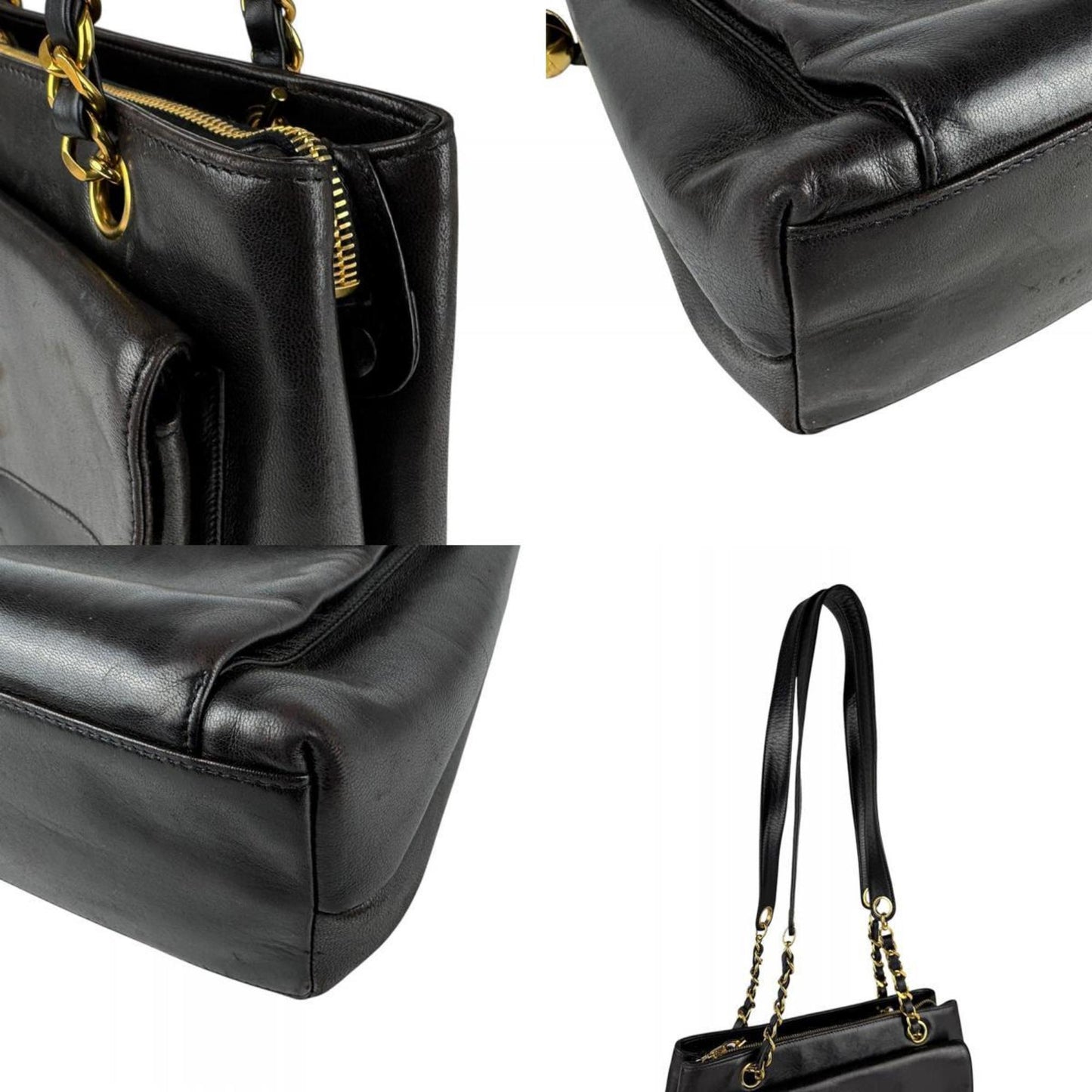 Chanel Shoulder Bag Leather Metal Black Gold