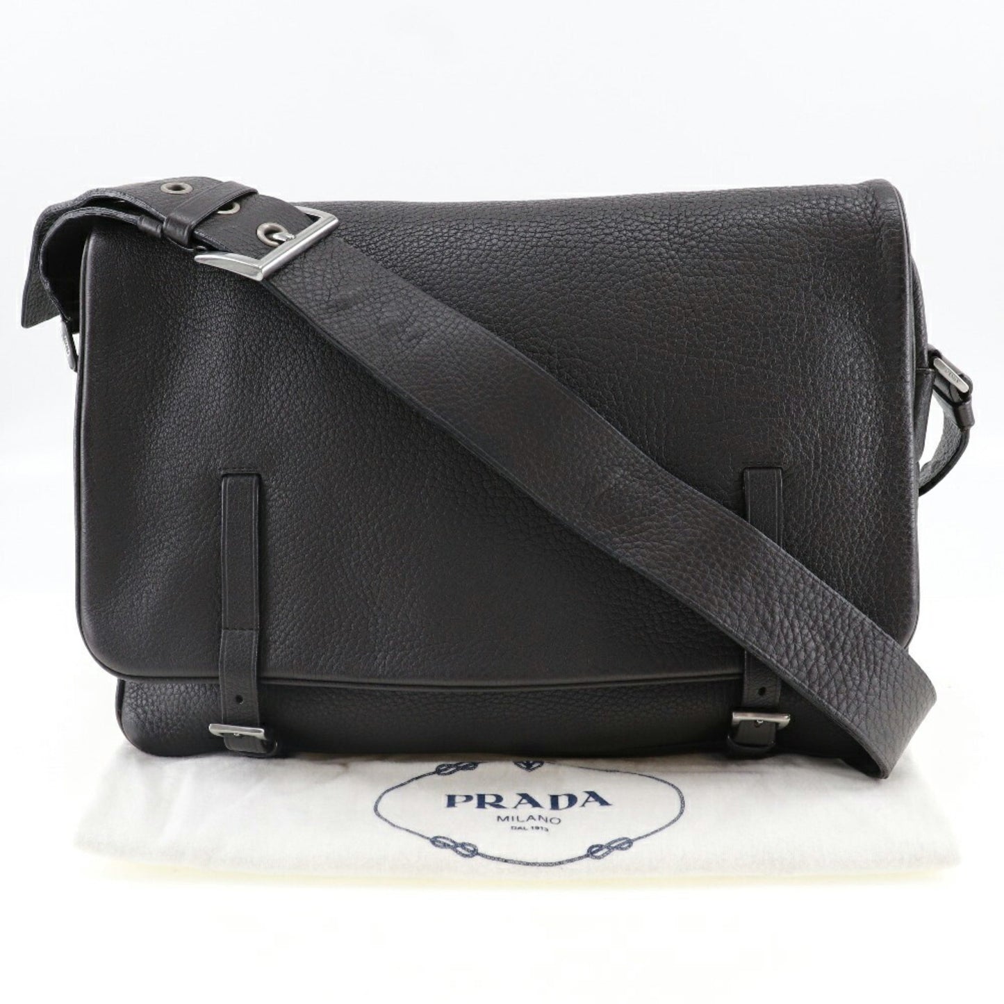 Prada Bag Shoulder Calf Brown Belt Clasp Messenger