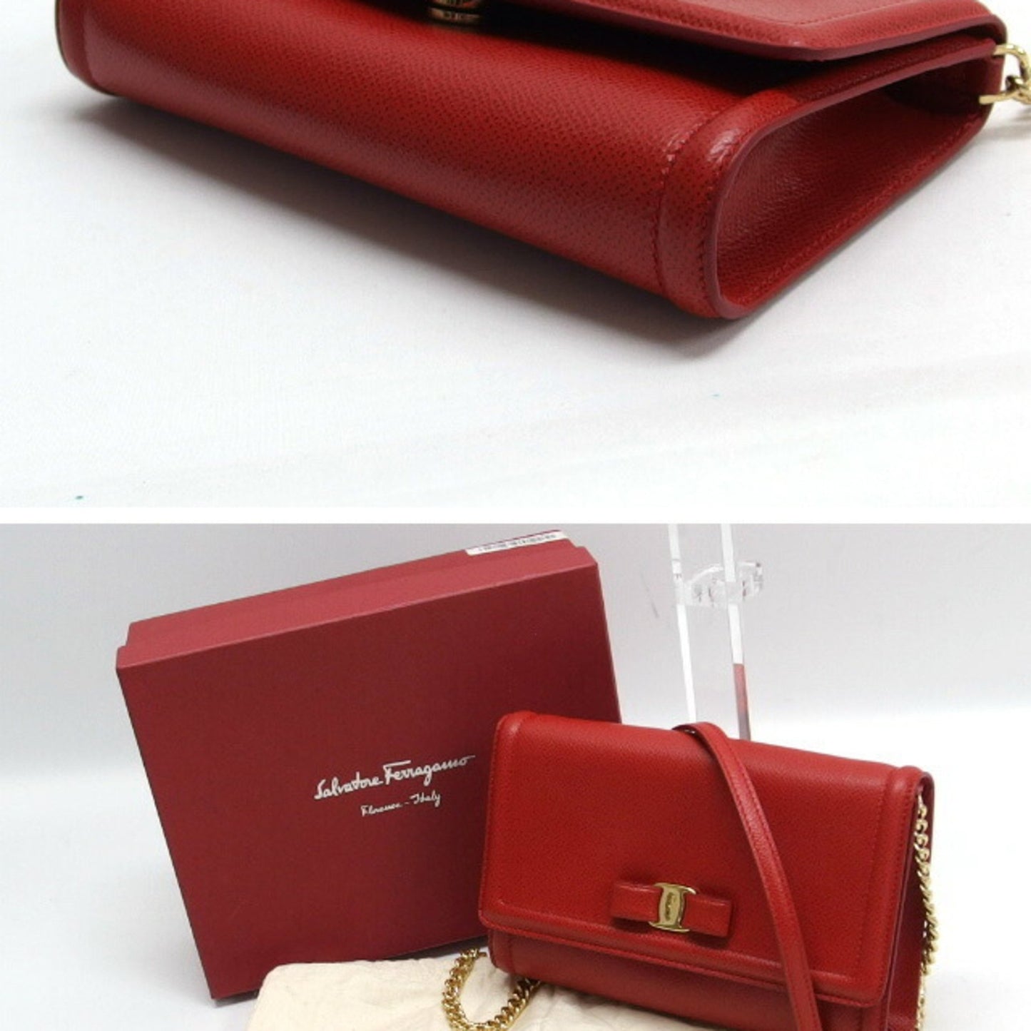 Salvatore Ferragamo Vara Ribbon Chain Shoulder Bag Red