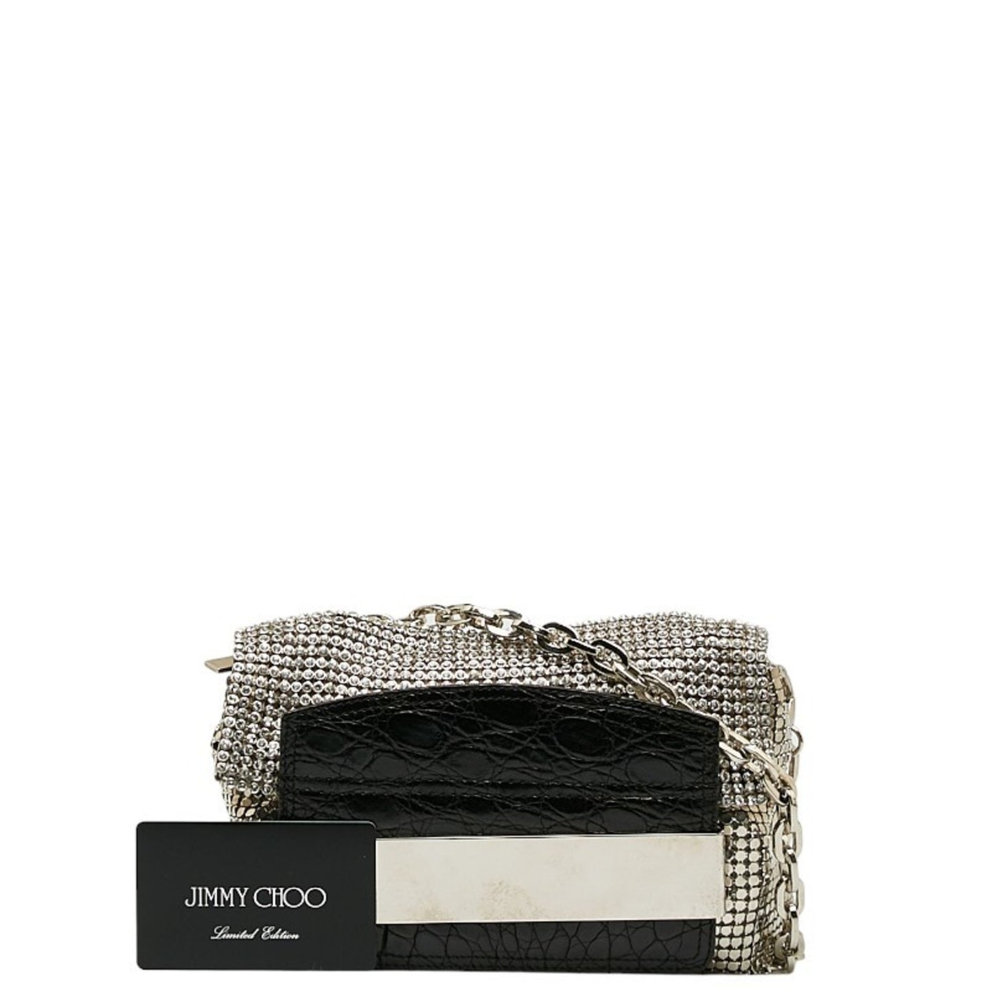Jimmy Choo Crocodile Embossed Chain One Shoulder Bag Silver Black Leather Metal
