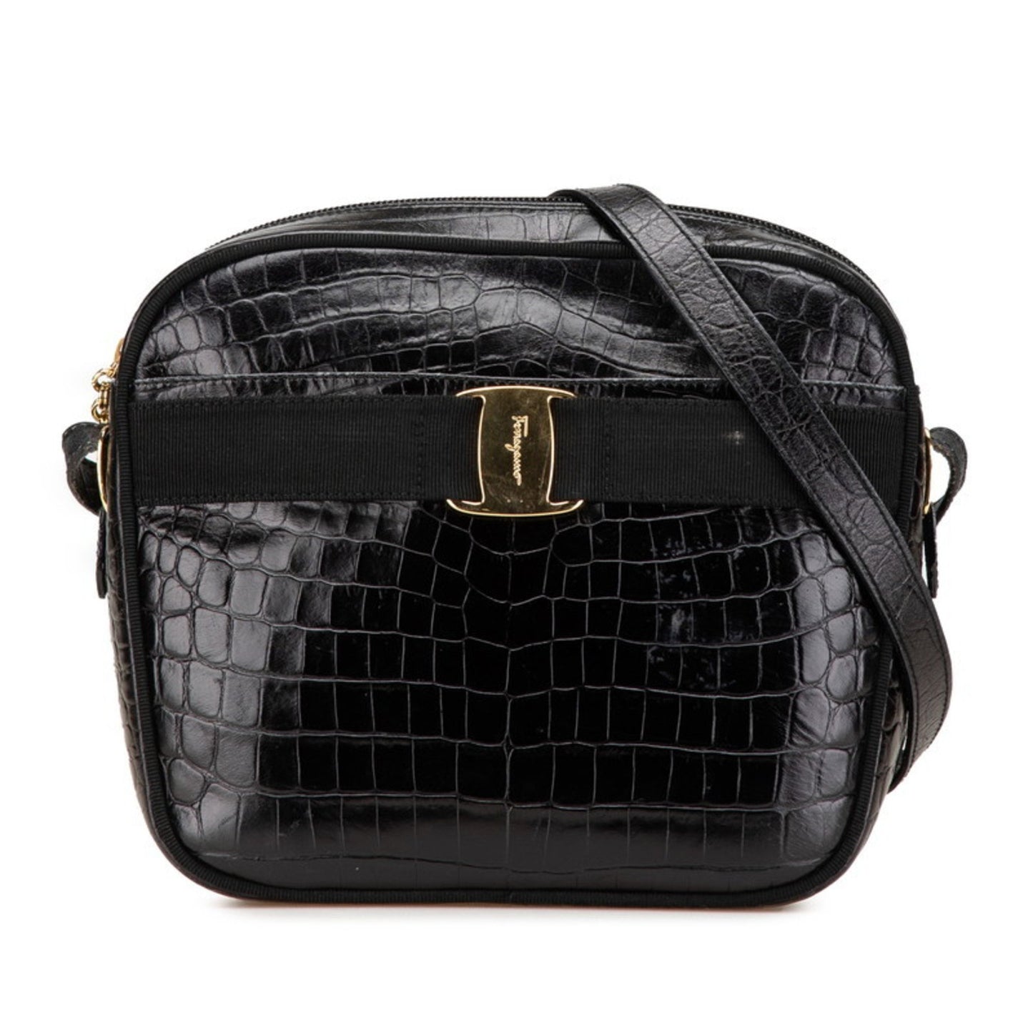 Salvatore Ferragamo Vara Crocodile Embossed Crossbody Shoulder Bag Af-21 6677 Black Leather