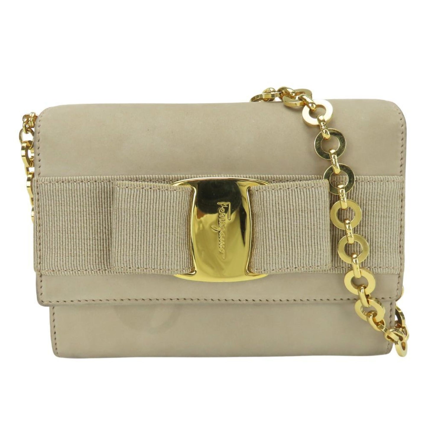 Salvatore Ferragamo Shoulder Bag Aq213202 Vara Ribbon Chain Mini Pochette Suede Greige Waist Pouch