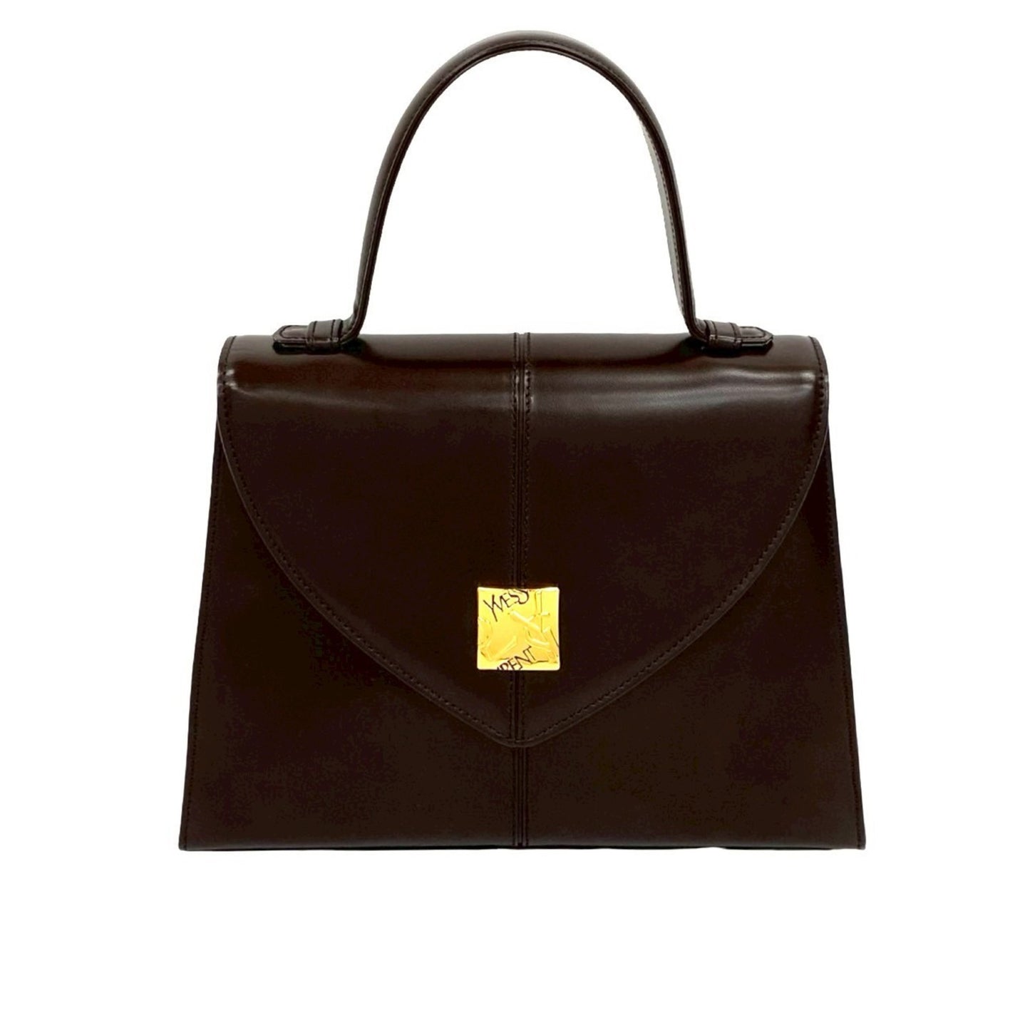 Yves Saint Laurent Ysl Logo Hardware Genuine Leather Handbag Brown 06612