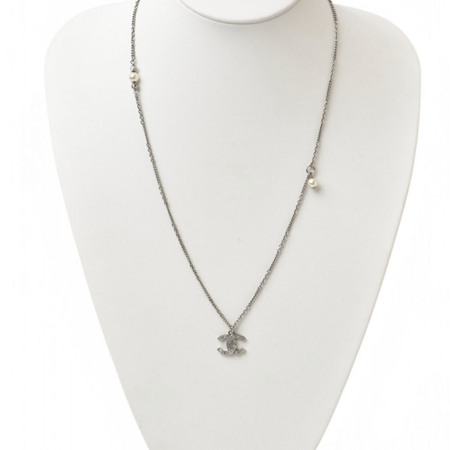 Chanel Necklace Pendant 2Way Chanel Coco Mark Cc Rhinestone Pearl Motif Silver 20A