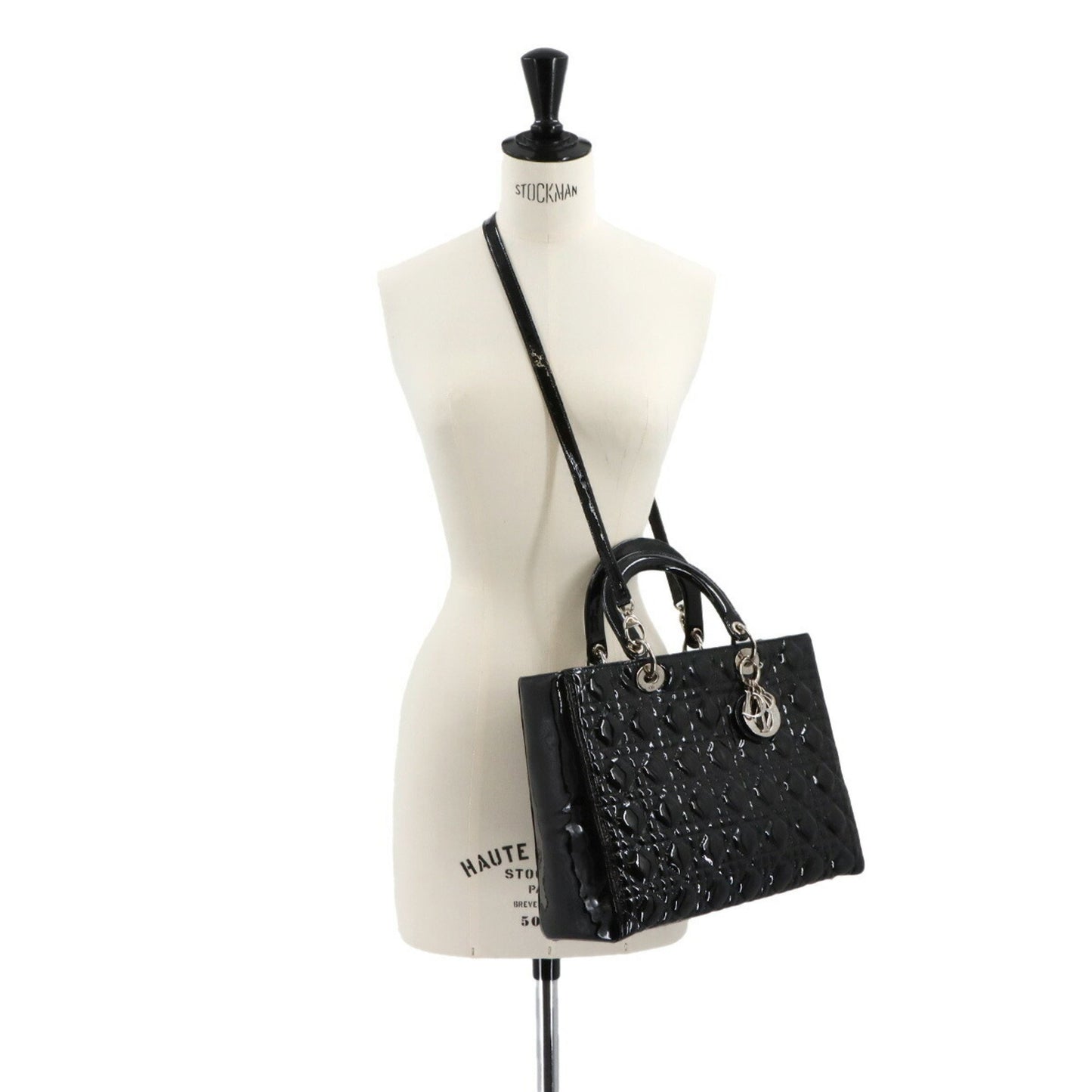 Christian Dior Cannage Lady Large 2-Way Hand/Shoulder Bag In Black Enamel