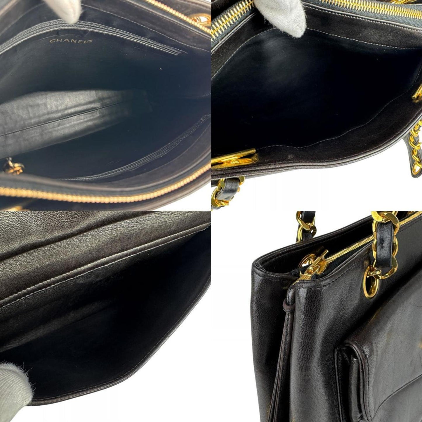 Chanel Shoulder Bag Leather Metal Black Gold