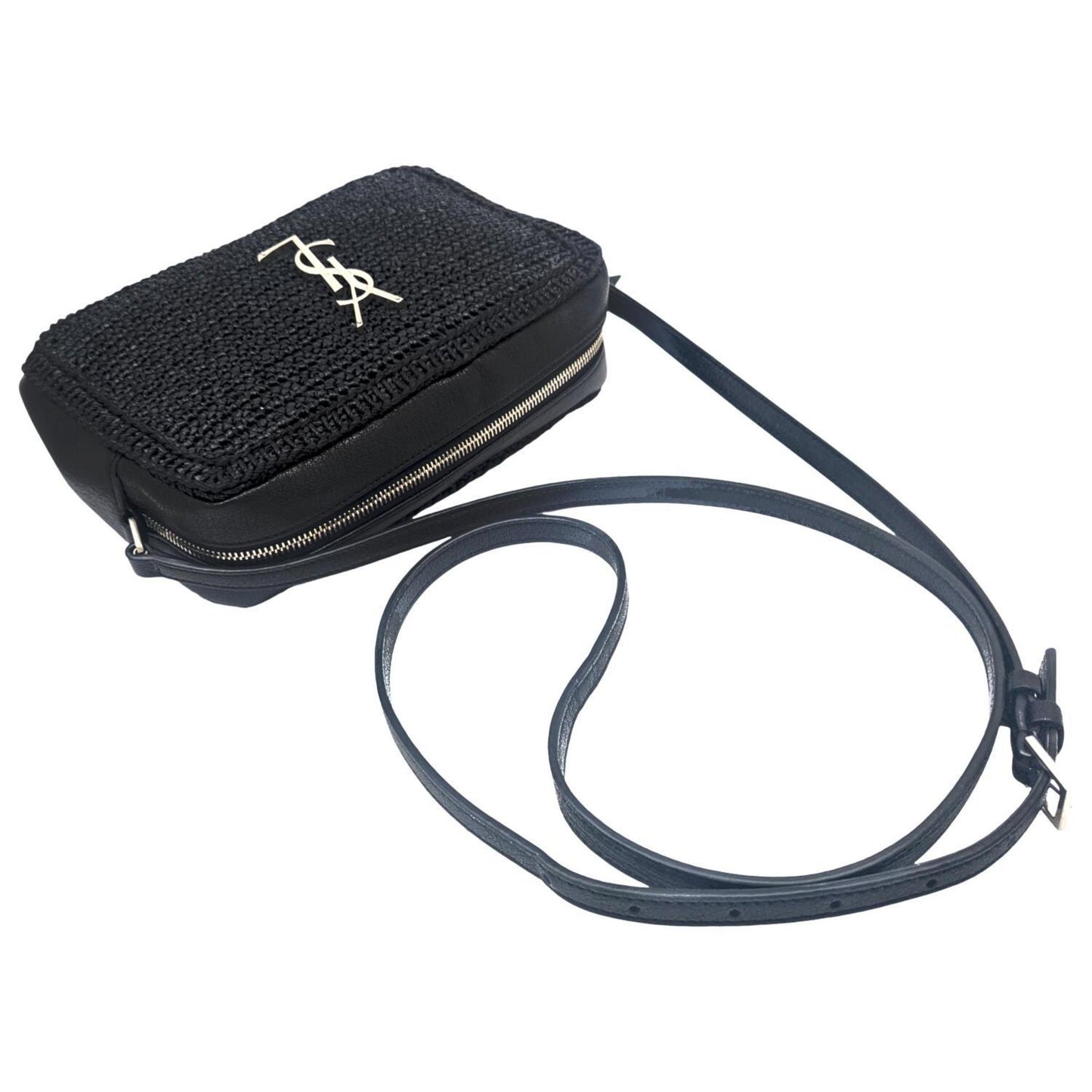 Saint Laurent Lou Raffia And Leather Black Camera Bag 468537 Shoulder With Tassel