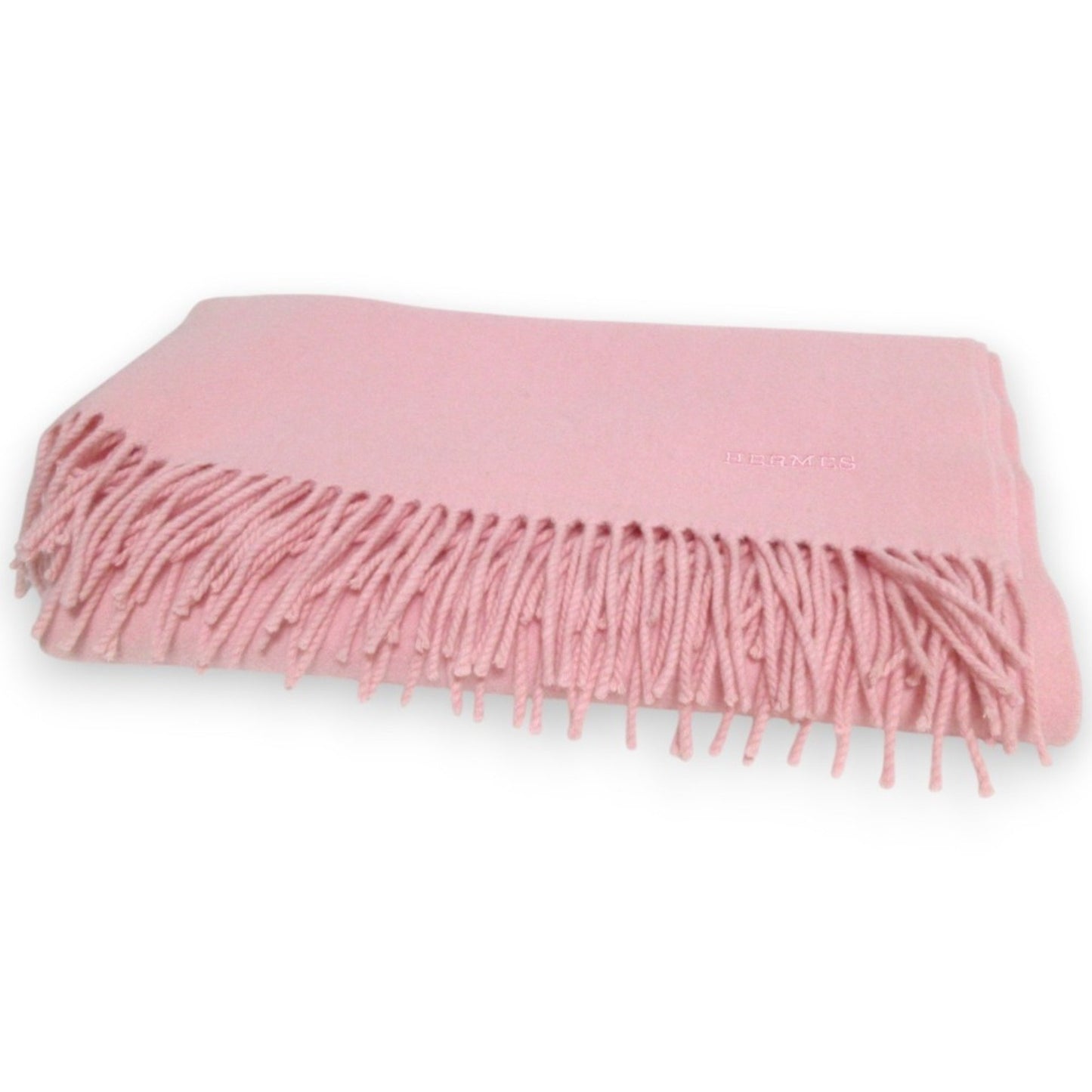 Hermes 100% Cashmere Logo Embroidered Fringe Large Scarf