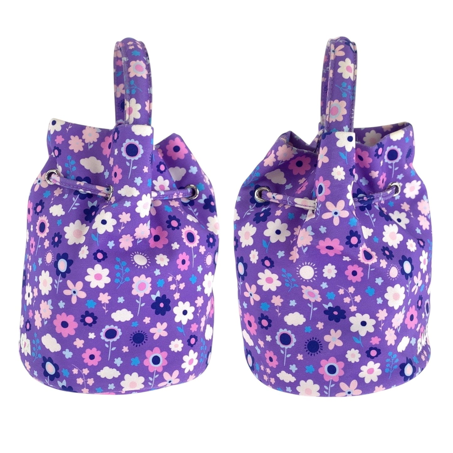 Balenciaga Drawstring Bucket Bag Flower Purple Multicolor Silver Hardware Ikat Nylon Canvas 656682