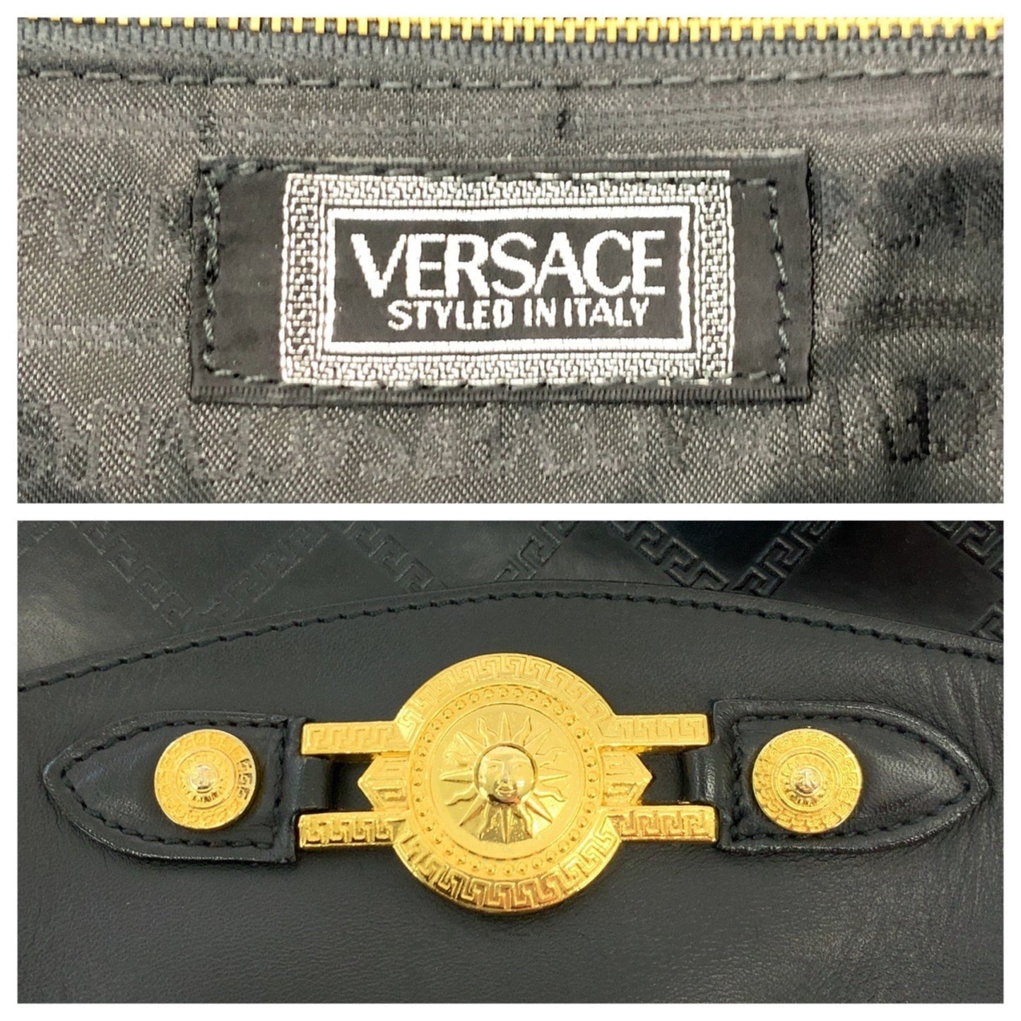Versace Vintage Sunburst Black Gold Hardware Leather Boston Bag Handbag