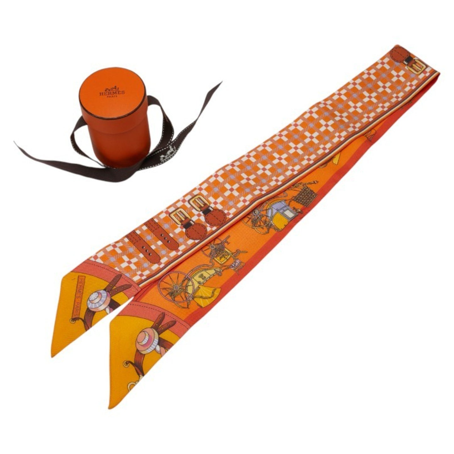 Hermes Twilly Les Voitures Nouvelles Evolution Of Carriages Scarf Muffler Orange Multicolor Silk