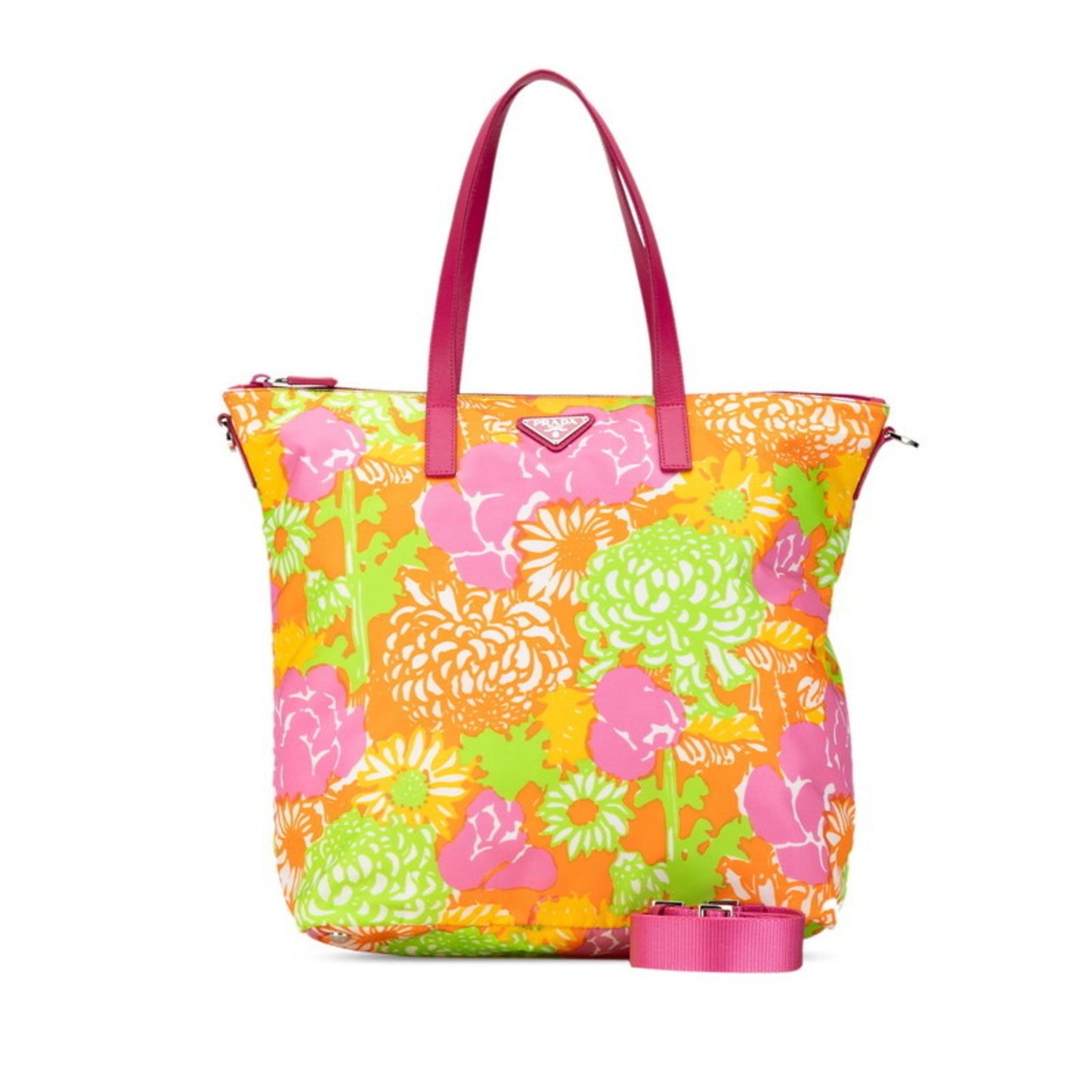 Prada Triangle Flower Motif Tote Bag Shoulder Pink Orange Multicolor Nylon Leather