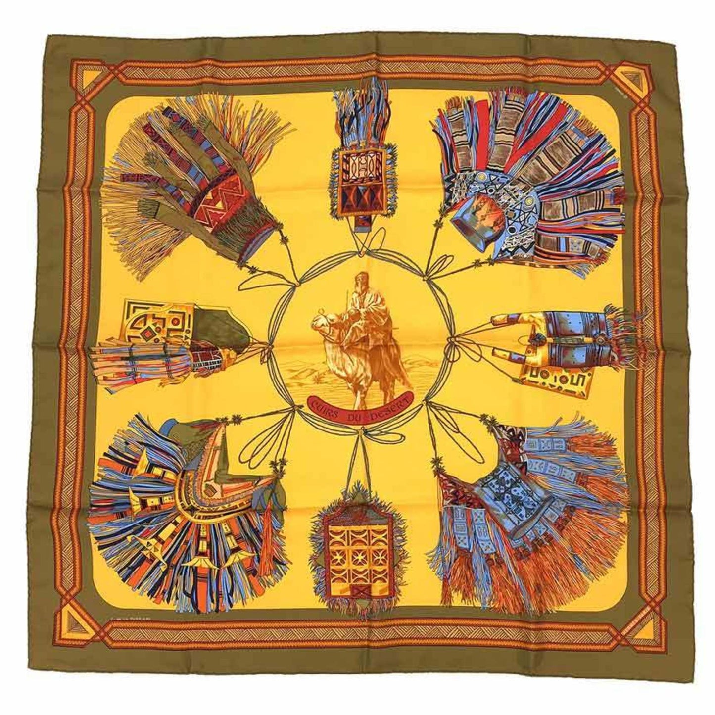 Hermes Hermes Carre 90 Scarf Muffler Cuirs De Desert Desert Leather Nomad Tuareg Tribe Yellow 100%