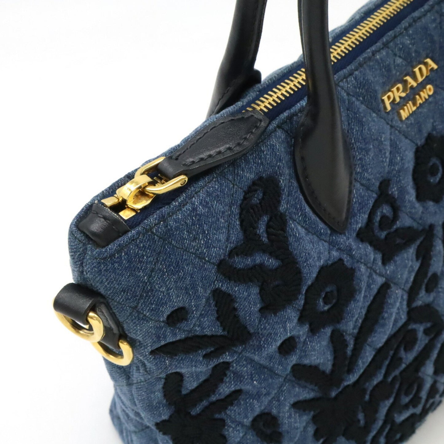 Prada Prada Corsaire Handbag Shoulder Bag Embroidery Quilted Denim Leather Bleu Blue Purchased At