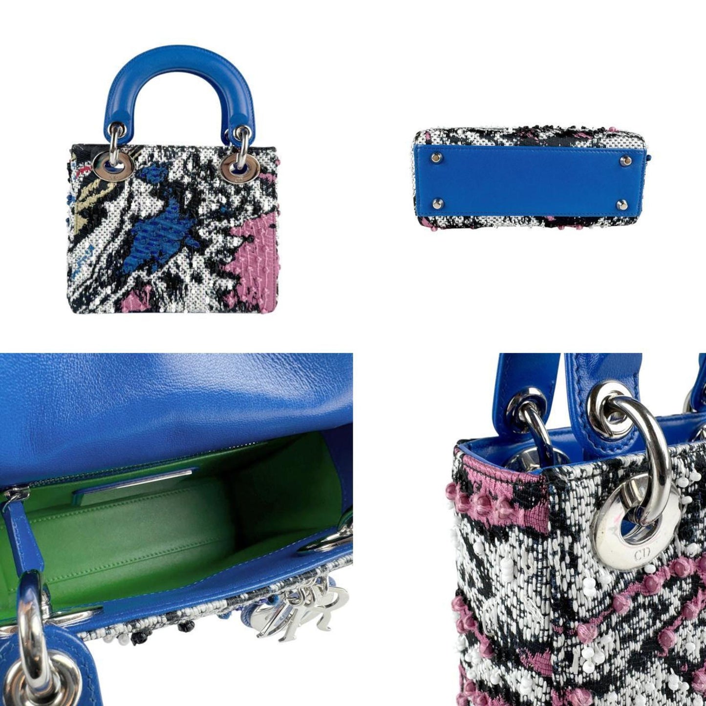 Christian Dior Handbag Shoulder Bag Lady Tweed Beads Leather Blue X Black