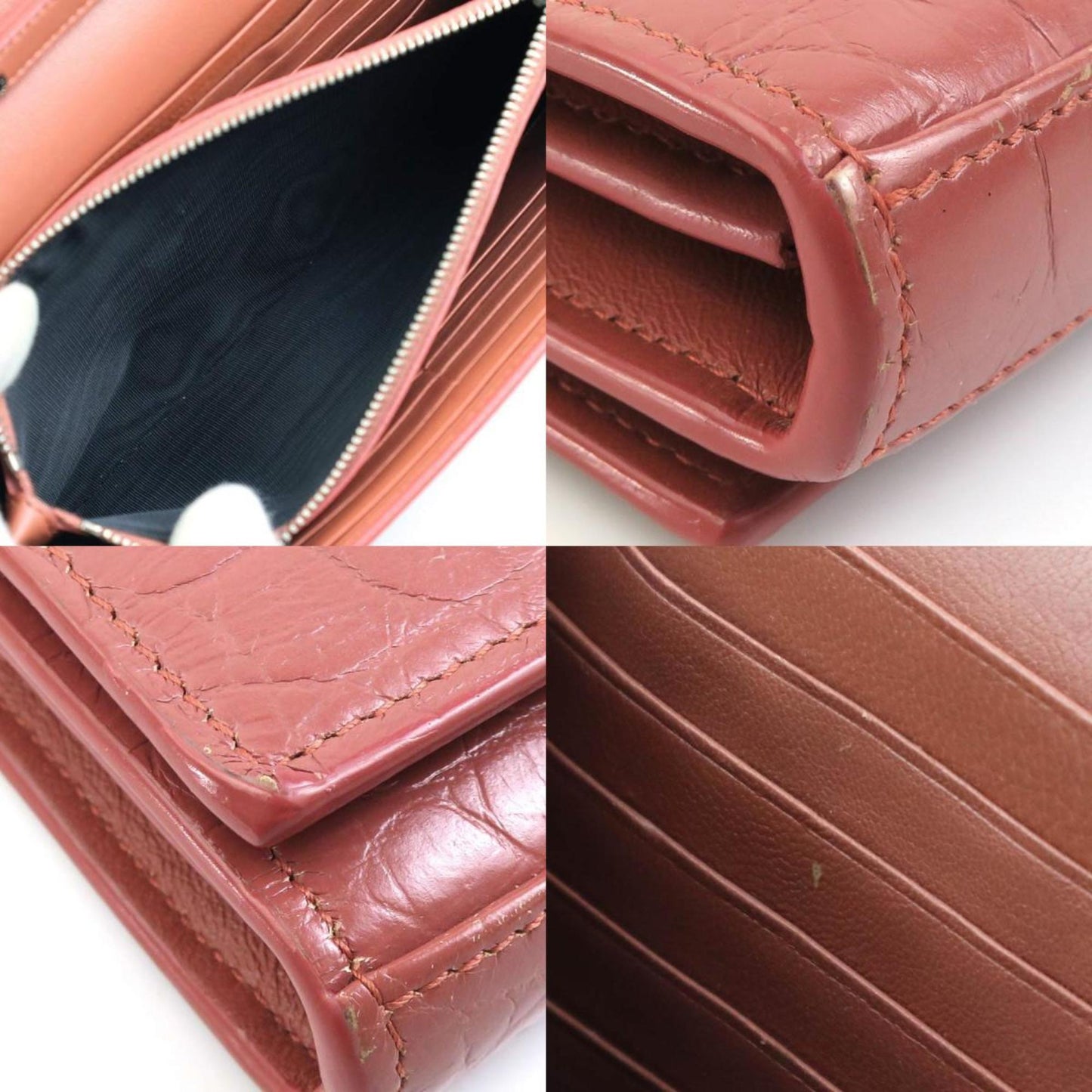Saint Laurent Wallet Chain Shoulder Bag Embossed Leather Pink Brown Silver
