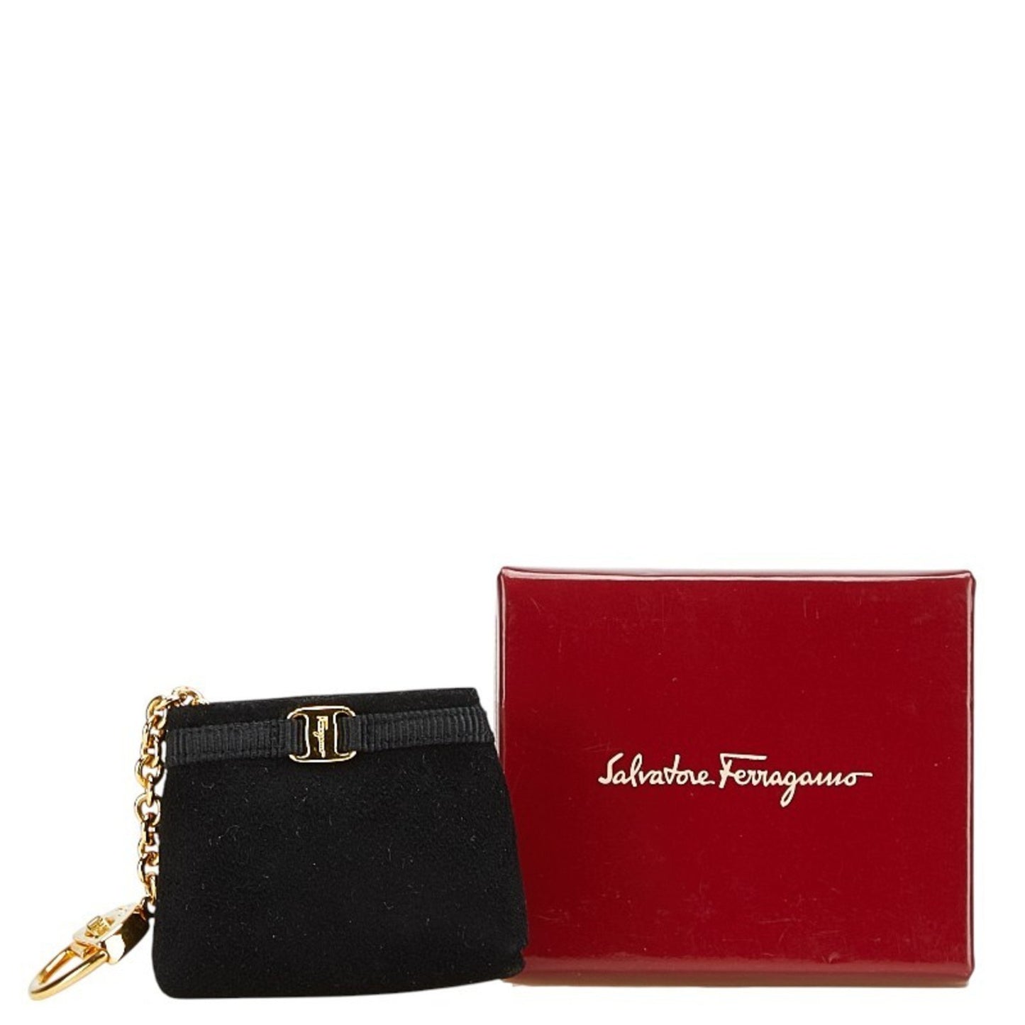 Salvatore Ferragamo Vara Pouch Bag Charm Keychain Black Suede