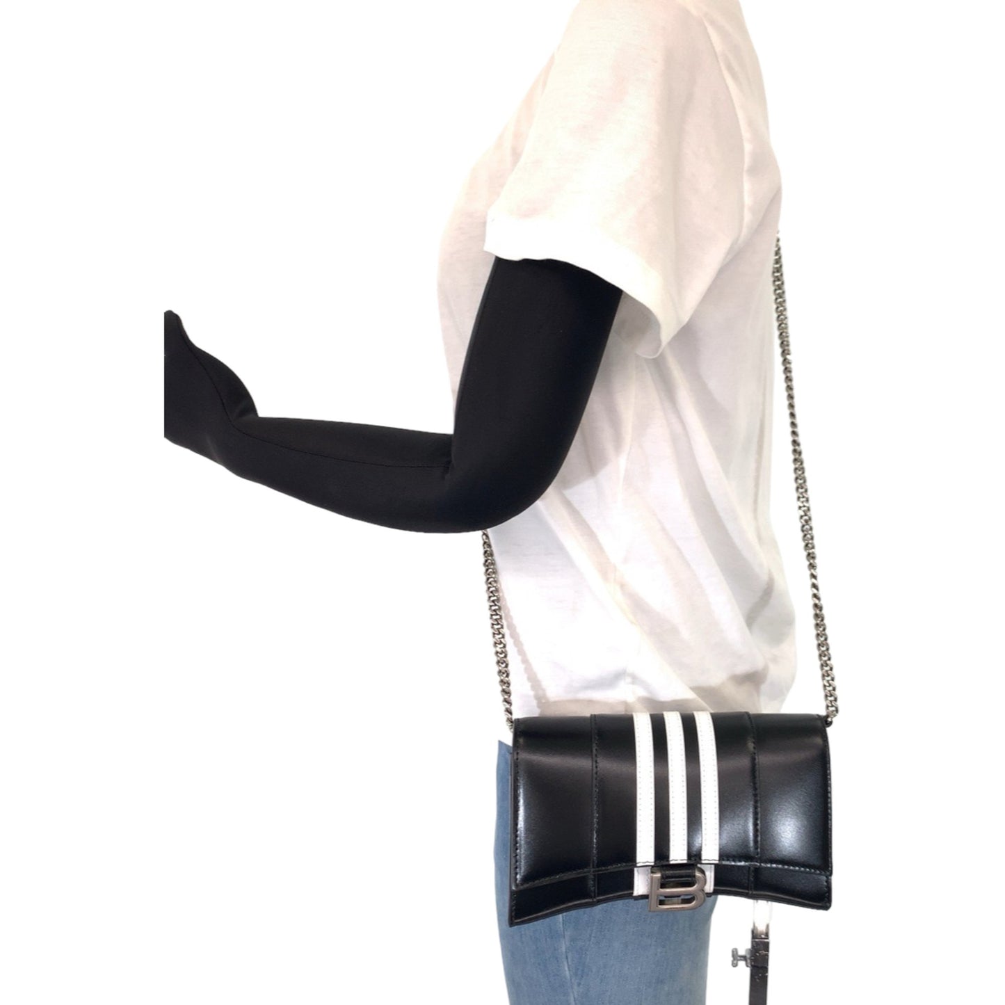 Balenciaga Balenciaga Adidas Collaboration Hourglass Wallet On Chain Black White Leather 2304Blsjj