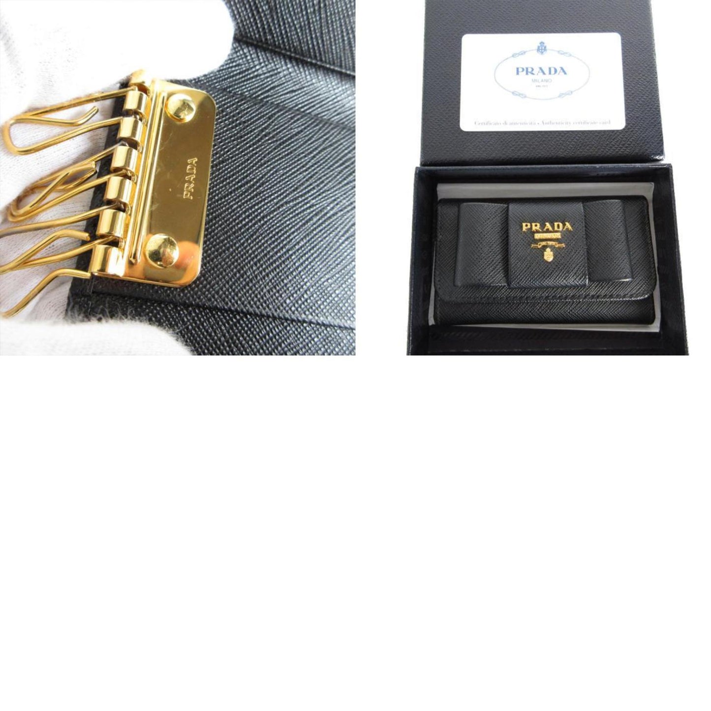 Prada Key Case Ribbon Leather Metal Black Gold