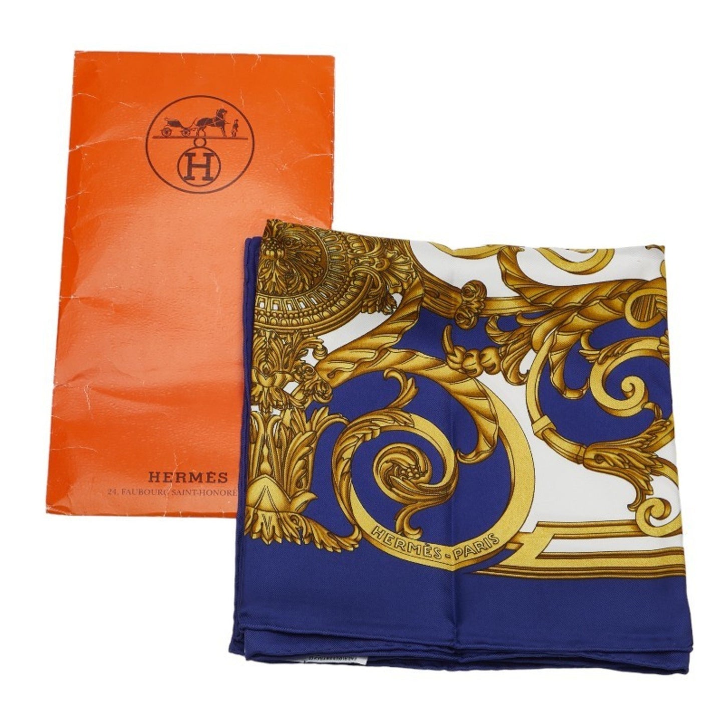 Hermes Carre 90 Les Tuileries Tuileries Park Scarf Muffler Navy White Silk