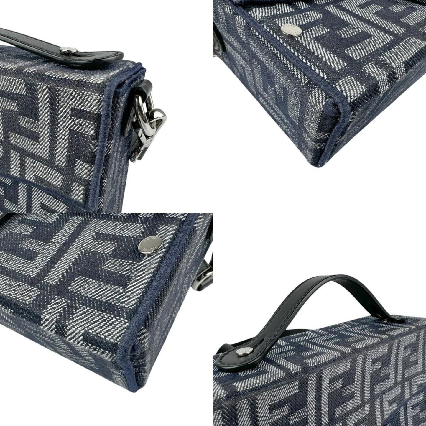 Fendi Shoulder Bag Handbag Baguette Soft Trunk Canvas Navy Silver
